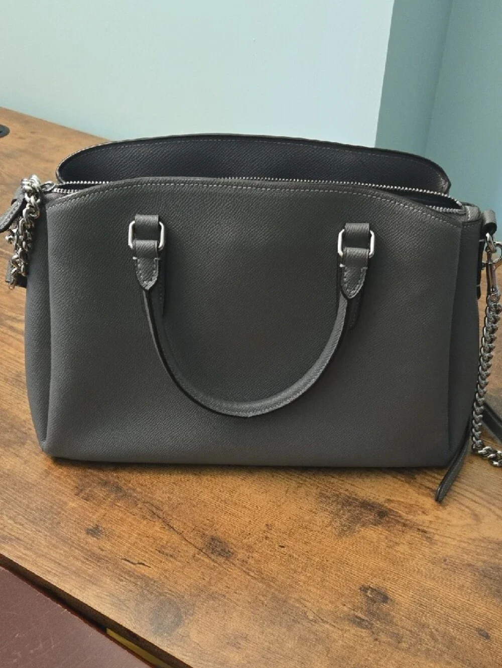 Coach Charcoal Gray Leather Satchel with Chain Accent